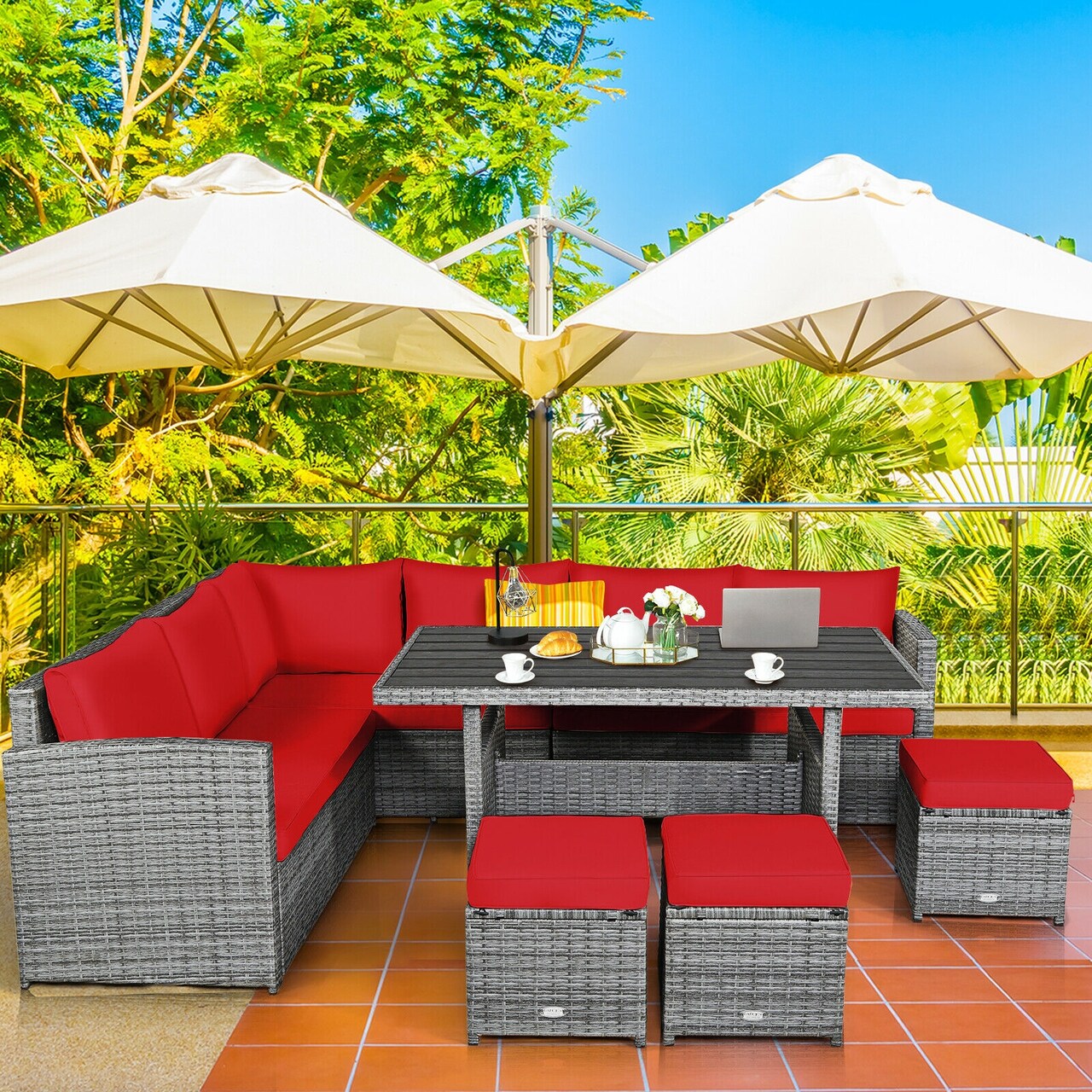 7 Pieces Patio Rattan Dining Furniture Sectional Sofa Set With Wicker Ottoman